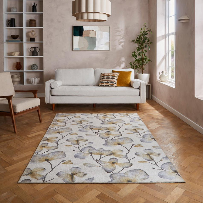 Washable Harlequin Kienze Ochre Modern Floral Botanical Textured Lightweight Printed Recycled Polyester Flatweave Soft Ivory/Ochre/Slate/Charcoal Brown/Antique Gold Rug