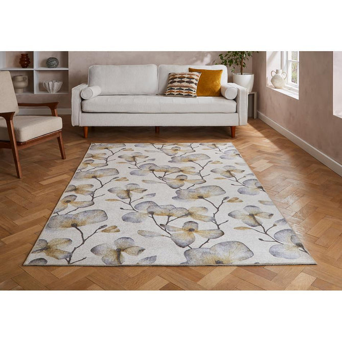 Washable Harlequin Kienze Ochre Modern Floral Botanical Textured Lightweight Printed Recycled Polyester Flatweave Soft Ivory/Ochre/Slate/Charcoal Brown/Antique Gold Runner
