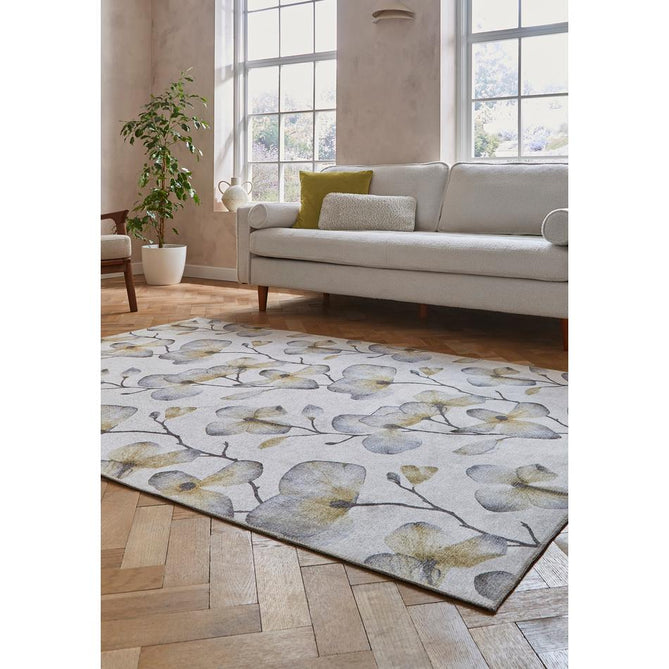 Washable Harlequin Kienze Ochre Modern Floral Botanical Textured Lightweight Printed Recycled Polyester Flatweave Soft Ivory/Ochre/Slate/Charcoal Brown/Antique Gold Rug