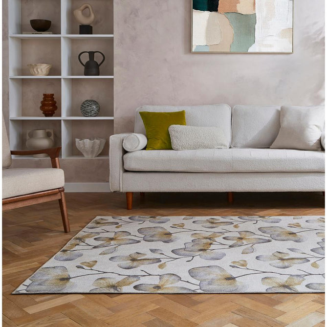 Washable Harlequin Kienze Ochre Modern Floral Botanical Textured Lightweight Printed Recycled Polyester Flatweave Soft Ivory/Ochre/Slate/Charcoal Brown/Antique Gold Rug