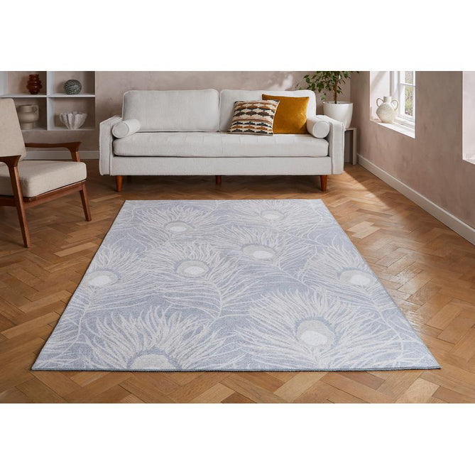 Washable Harlequin Orlena Powder Blue Modern Floral Botanical Textured Lightweight Printed Recycled Polyester Flatweave Powder Blue/Ivory/Pale Silver Rug