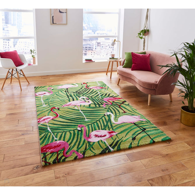 Havana 2349 Modern Floral Flamingo Textured Soft Durable Easy-Care Polypropylene Short-Pile Green/Pink Rug-Think Rugs-Rug Love - The Most Loved Rug Store