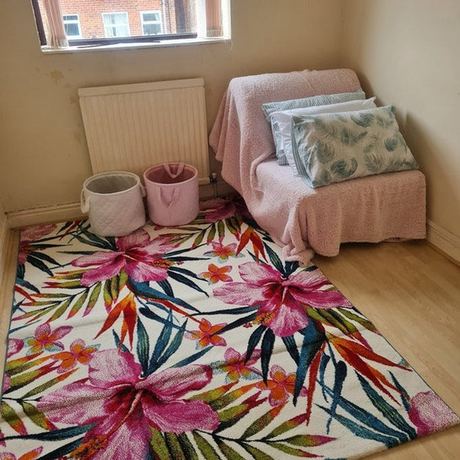 Havana 9574 Modern Floral Botanical Textured Soft Durable Easy-Care Polypropylene Short-Pile Multicolour/Pink/Cream/Green/Blue Rug-Think Rugs-Rug Love - The Most Loved Rug Store