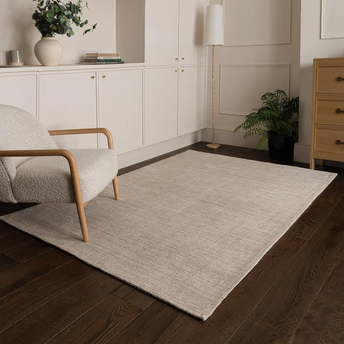 Hazy Modern Plain Ribbed Distressed Textured Hand-Woven Durable Cut & Loop Wool-Blend Flatweave Putty Rug