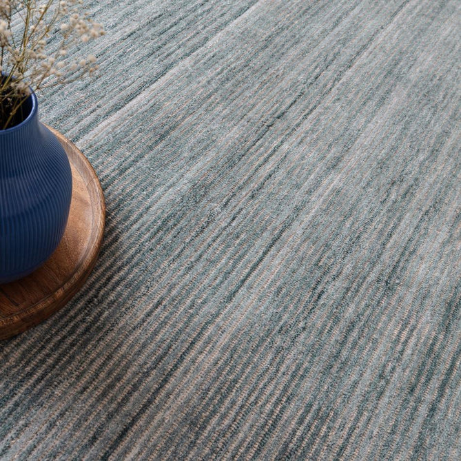 Hazy Modern Plain Ribbed Distressed Textured Hand-Woven Durable Cut & Loop Wool-Blend Flatweave Sea Blue Rug