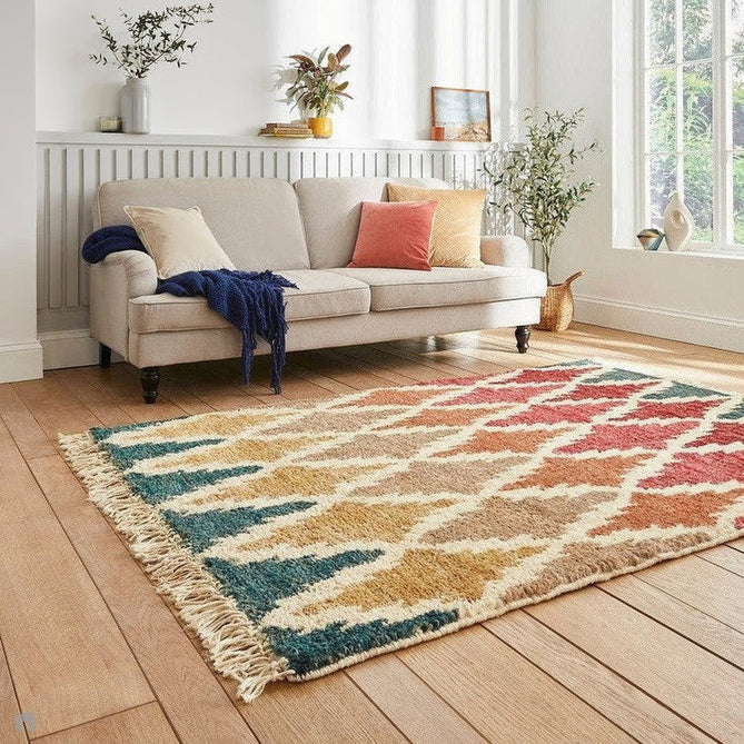 Hemp 21470 Modern Geometric Diamond Hand-Knotted Natural Fibre Heavyweight High-Density Durable Textured Blue/Red/Orange/Brown/Yellow/Multicolour Rug-Think Rugs-Rug Love - The Most Loved Rug Store