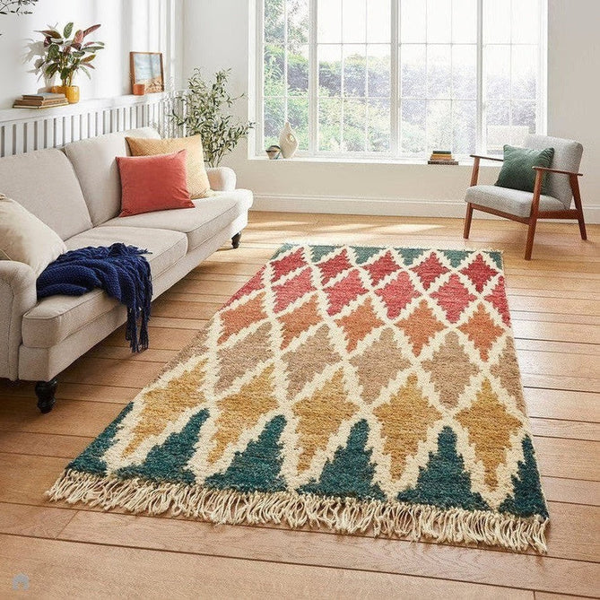 Hemp 21470 Modern Geometric Diamond Hand-Knotted Natural Fibre Heavyweight High-Density Durable Textured Blue/Red/Orange/Brown/Yellow/Multicolour Rug-Think Rugs-Rug Love - The Most Loved Rug Store
