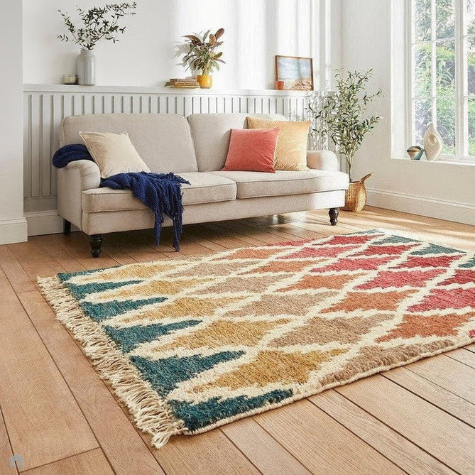 Hemp 21470 Modern Geometric Diamond Hand-Knotted Natural Fibre Heavyweight High-Density Durable Textured Blue/Red/Orange/Brown/Yellow/Multicolour Rug-Think Rugs-Rug Love - The Most Loved Rug Store