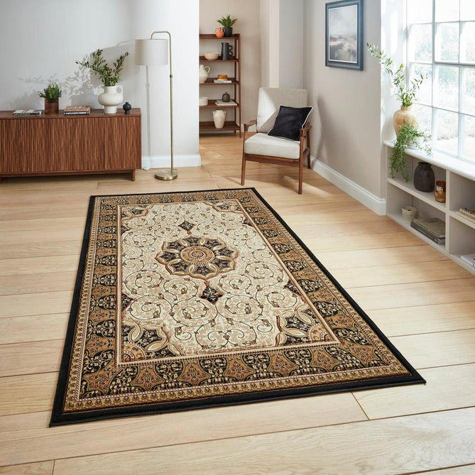 Heritage 4400 Traditional Medallion Floral Tonal Vine Border Soft Carved Hi-Low Durable Polypropylene Cream/Golden Beige/Black Rug-Think Rugs-Rug Love - The Most Loved Rug Store