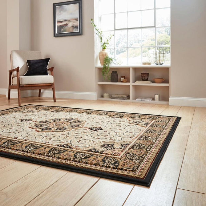 Heritage 4400 Traditional Medallion Floral Tonal Vine Border Soft Carved Hi-Low Durable Polypropylene Cream/Golden Beige/Black Rug-Think Rugs-Rug Love - The Most Loved Rug Store