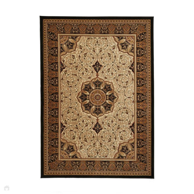 Heritage 4400 Traditional Medallion Floral Tonal Vine Border Soft Carved Hi-Low Durable Polypropylene Cream/Golden Beige/Black Rug-Think Rugs-Rug Love - The Most Loved Rug Store