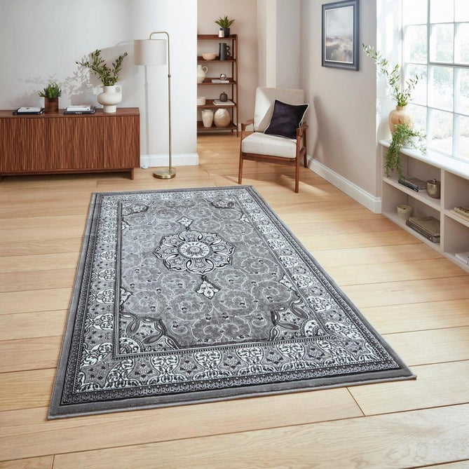Heritage 4400 Traditional Medallion Floral Tonal Vine Border Soft Carved Hi-Low Durable Polypropylene Dark Grey/Silver/Charcoal/White Rug-Think Rugs-Rug Love - The Most Loved Rug Store
