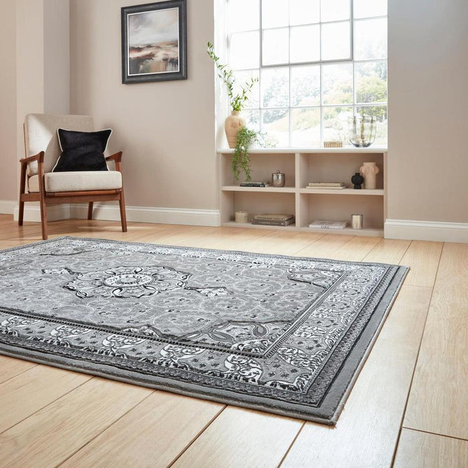 Heritage 4400 Traditional Medallion Floral Tonal Vine Border Soft Carved Hi-Low Durable Polypropylene Dark Grey/Silver/Charcoal/White Rug-Think Rugs-Rug Love - The Most Loved Rug Store