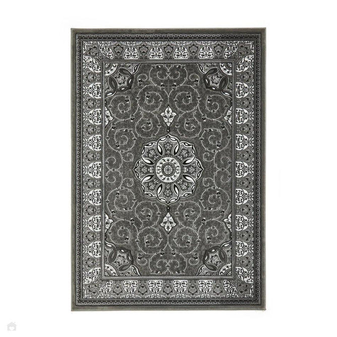 Heritage 4400 Traditional Medallion Floral Tonal Vine Border Soft Carved Hi-Low Durable Polypropylene Dark Grey/Silver/Charcoal/White Rug-Think Rugs-Rug Love - The Most Loved Rug Store