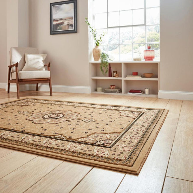 Heritage 4400 Traditional Medallion Floral Tonal Vine Border Soft Carved Hi-Low Durable Polypropylene Golden Beige/Cream/Brown/Tan Rug-Think Rugs-Rug Love - The Most Loved Rug Store