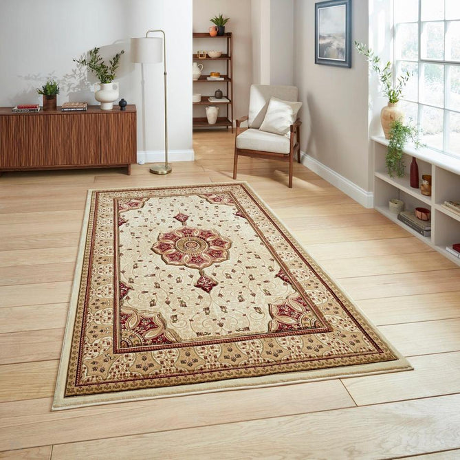 Heritage 4400 Traditional Medallion Floral Tonal Vines Border Soft Hand-Carved Hi-Low Cream/Burgundy Red/Golden Beige Rug-Think Rugs-Rug Love - The Most Loved Rug Store