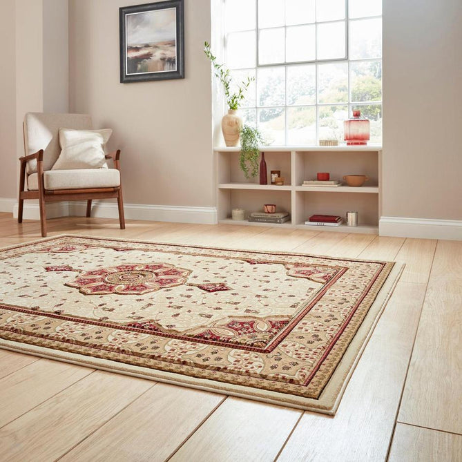 Heritage 4400 Traditional Medallion Floral Tonal Vines Border Soft Hand-Carved Hi-Low Cream/Burgundy Red/Golden Beige Rug-Think Rugs-Rug Love - The Most Loved Rug Store