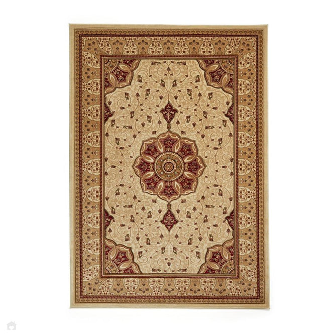 Heritage 4400 Traditional Medallion Floral Tonal Vines Border Soft Hand-Carved Hi-Low Cream/Burgundy Red/Golden Beige Rug-Think Rugs-Rug Love - The Most Loved Rug Store