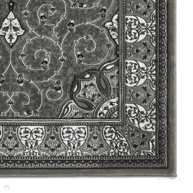 Heritage 4400 Traditional Medallion Floral Tonal Vines Border Soft Hand-Carved Hi-Low Dark Grey/Silver/Charcoal/White Rug-Think Rugs-Rug Love - The Most Loved Rug Store