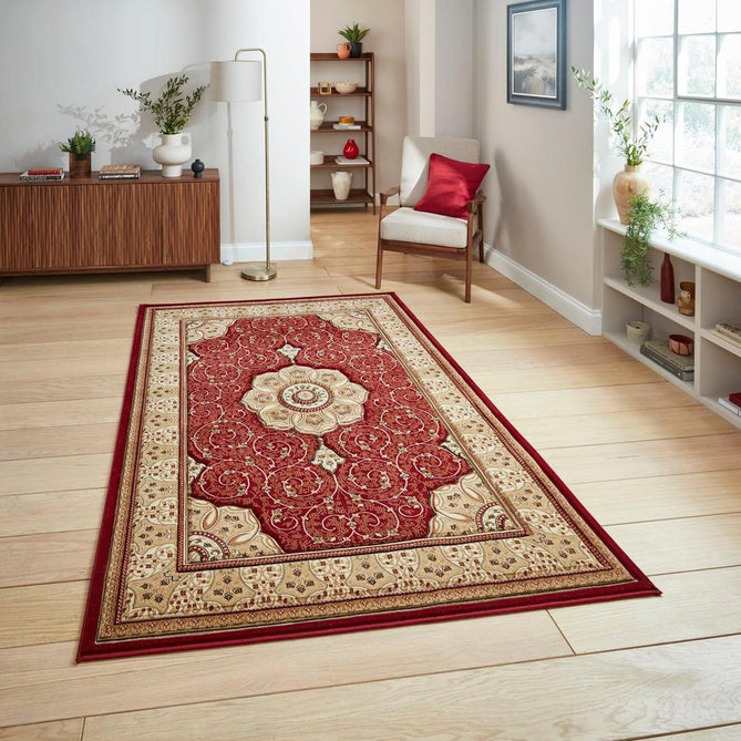 Heritage 4400 Traditional Medallion Floral Tonal Vines Border Soft Hand-Carved Hi-Low Deep Red/Golden Beige/Cream Rug-Think Rugs-Rug Love - The Most Loved Rug Store