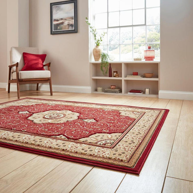 Heritage 4400 Traditional Medallion Floral Tonal Vines Border Soft Hand-Carved Hi-Low Deep Red/Golden Beige/Cream Rug-Think Rugs-Rug Love - The Most Loved Rug Store