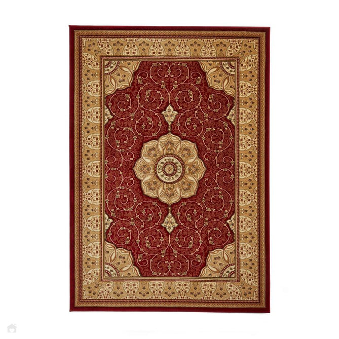Heritage 4400 Traditional Medallion Floral Tonal Vines Border Soft Hand-Carved Hi-Low Deep Red/Golden Beige/Cream Rug-Think Rugs-Rug Love - The Most Loved Rug Store