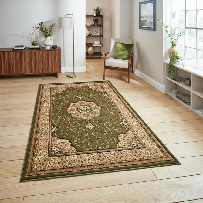 Heritage 4400 Traditional Medallion Floral Tonal Vines Border Soft Hand-Carved Hi-Low Forest Green/Golden Beige/Cream Rug-Think Rugs-Rug Love - The Most Loved Rug Store