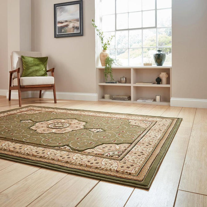 Heritage 4400 Traditional Medallion Floral Tonal Vines Border Soft Hand-Carved Hi-Low Forest Green/Golden Beige/Cream Rug-Think Rugs-Rug Love - The Most Loved Rug Store