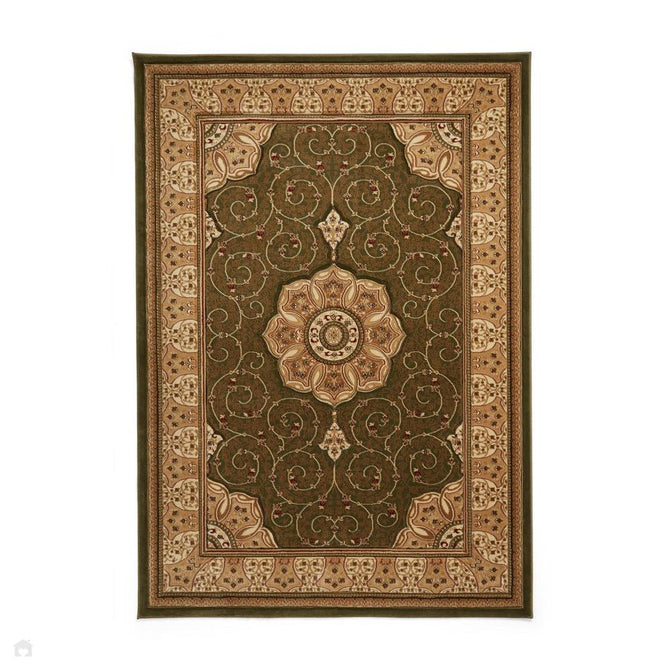 Heritage 4400 Traditional Medallion Floral Tonal Vines Border Soft Hand-Carved Hi-Low Forest Green/Golden Beige/Cream Rug-Think Rugs-Rug Love - The Most Loved Rug Store