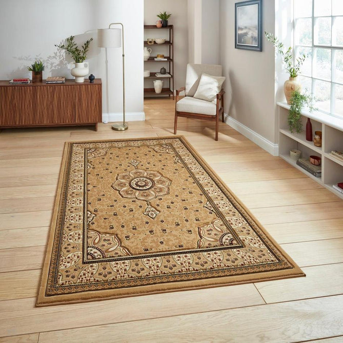 Heritage 4400 Traditional Medallion Floral Tonal Vines Border Soft Hand-Carved Hi-Low Golden Beige/Cream/Brown/Tan Rug-Think Rugs-Rug Love - The Most Loved Rug Store