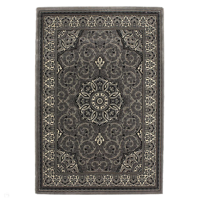 Heritage 4400 Traditional Medallion Floral Tonal Vines Border Soft Hand-Carved Hi-Low Silver/Dark Grey Rug 120 x 170 cm-Shop Returns-Rug Love - The Most Loved Rug Store