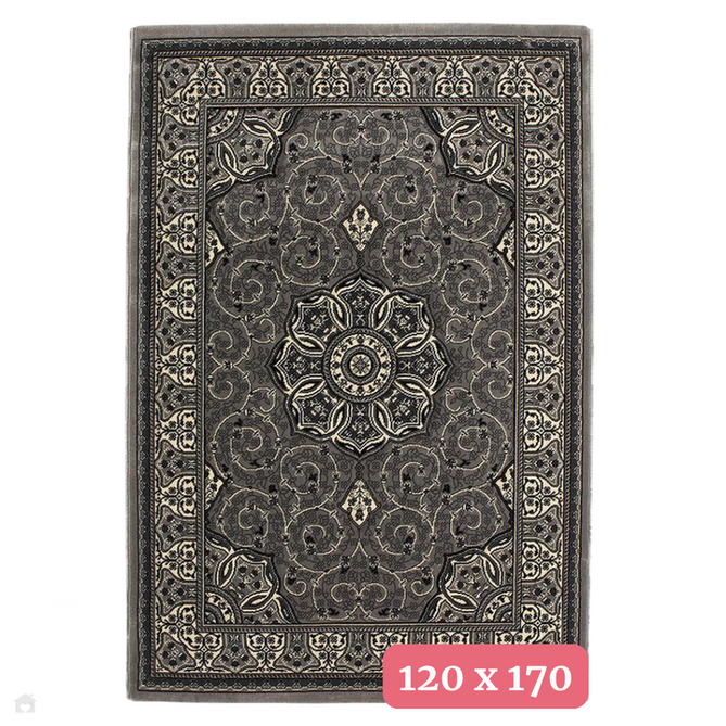 Heritage 4400 Traditional Medallion Floral Tonal Vines Border Soft Hand-Carved Hi-Low Silver/Dark Grey Rug 120 x 170 cm-Shop Returns-Rug Love - The Most Loved Rug Store
