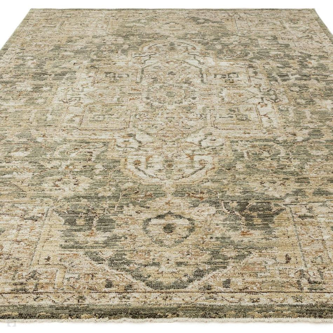Heriz HE02 Serapi Traditional Persian Vintage Distressed Shimmer Tonal Textured Hi-Lo Space-Dyed Polyester Low-Profile Short Pile Green Rug-Asiatic Carpets-Rug Love - The Most Loved Rug Store