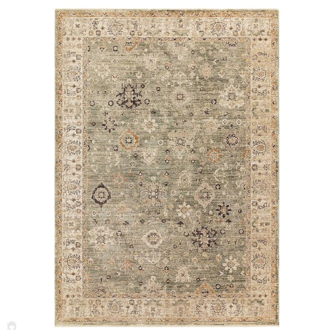 Heriz HE04 Ornate Traditional Persian Vintage Distressed Shimmer Tonal Textured Hi-Lo Space-Dyed Polyester Low-Profile Short Pile Green Runner-Asiatic Carpets-Rug Love - The Most Loved Rug Store