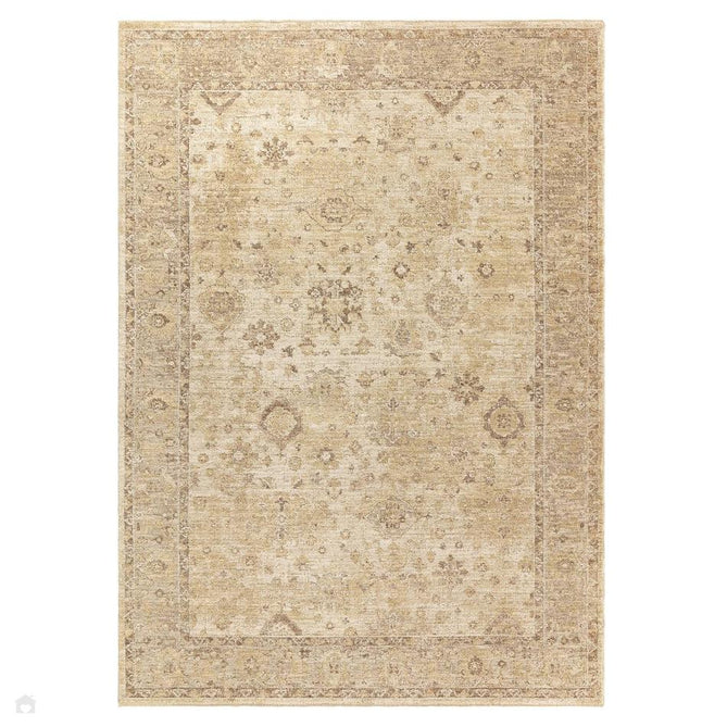 Heriz HE05 Ornate Traditional Persian Vintage Distressed Shimmer Tonal Textured Hi-Lo Space-Dyed Polyester Low-Profile Short Pile Beige Runner-Asiatic Carpets-Rug Love - The Most Loved Rug Store