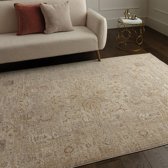 Heriz HE01 Serapi Traditional Persian Vintage Distressed Shimmer Tonal Textured Hi-Lo Space-Dyed Polyester Low-Profile Short Pile Beige Runner