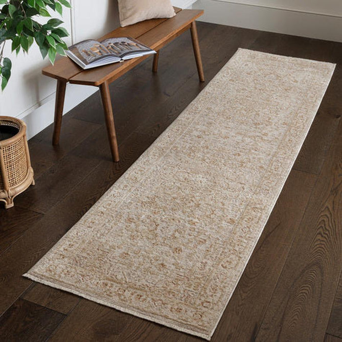 Heriz HE01 Serapi Traditional Persian Vintage Distressed Shimmer Tonal Textured Hi-Lo Space-Dyed Polyester Low-Profile Short Pile Beige Runner