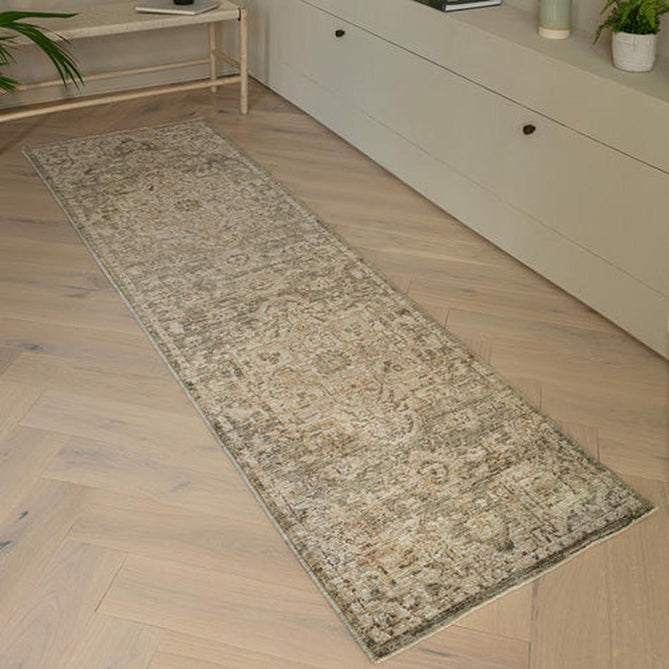 Heriz HE02 Serapi Traditional Persian Vintage Distressed Shimmer Tonal Textured Hi-Lo Space-Dyed Polyester Low-Profile Short Pile Green Runner