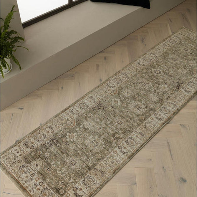 Heriz HE04 Ornate Traditional Persian Vintage Distressed Shimmer Tonal Textured Hi-Lo Space-Dyed Polyester Low-Profile Short Pile Sage Green Rug