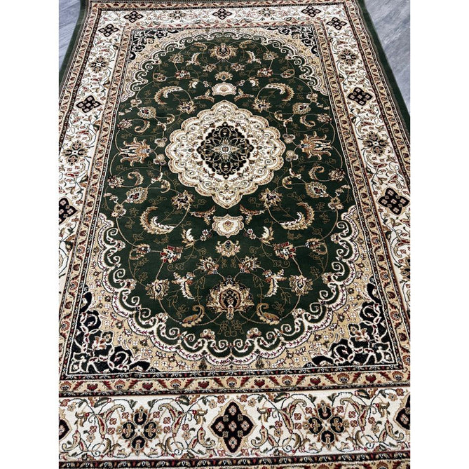 Victoria Traditional Persian Medallion Floral Border Soft Carved Hi-Low Durable Polypropylene Green Rug