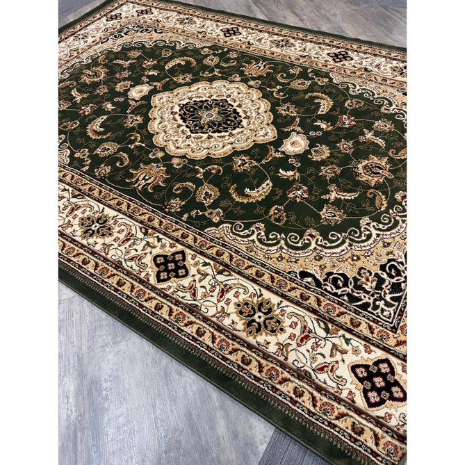 Victoria Traditional Persian Medallion Floral Border Soft Carved Hi-Low Durable Polypropylene Green Rug