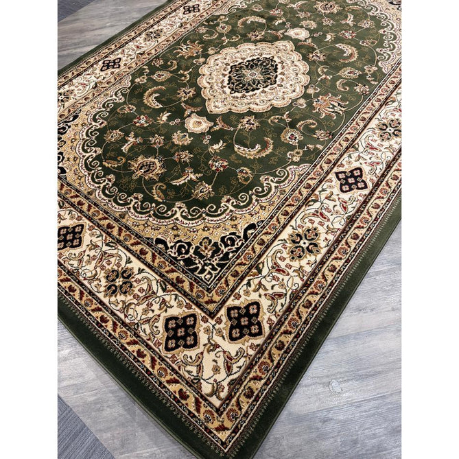 Victoria Traditional Persian Medallion Floral Border Soft Carved Hi-Low Durable Polypropylene Green Rug