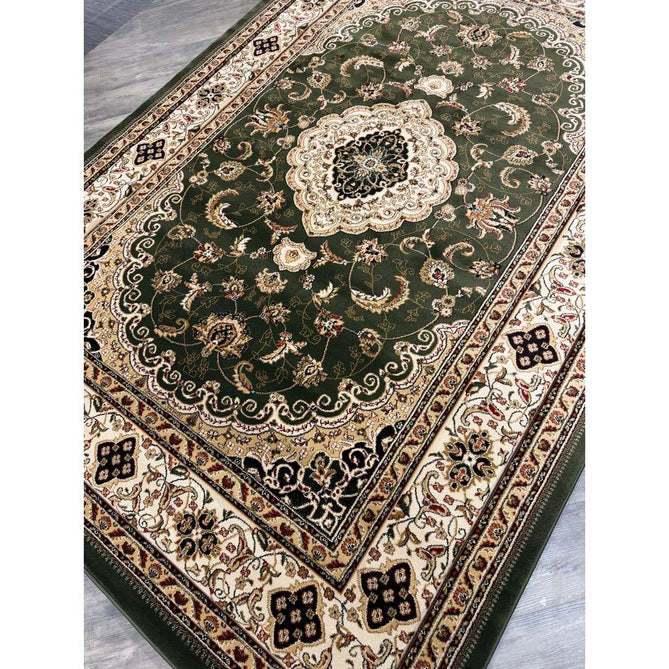 Victoria Traditional Persian Medallion Floral Border Soft Carved Hi-Low Durable Polypropylene Green Rug