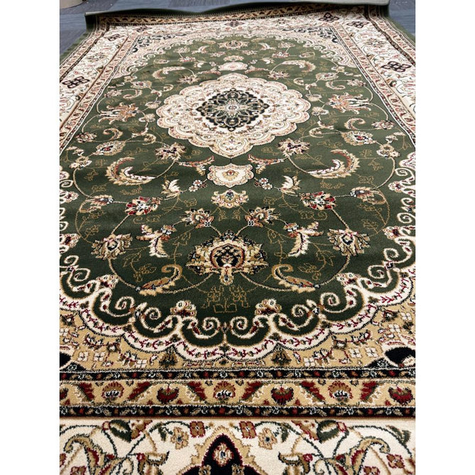 Victoria Traditional Persian Medallion Floral Border Soft Carved Hi-Low Durable Polypropylene Green Rug