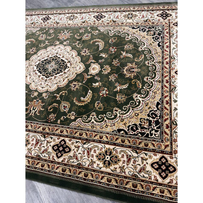 Victoria Traditional Persian Medallion Floral Border Soft Carved Hi-Low Durable Polypropylene Green Rug