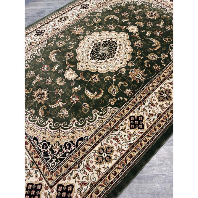 Victoria Traditional Persian Medallion Floral Border Soft Carved Hi-Low Durable Polypropylene Green Rug
