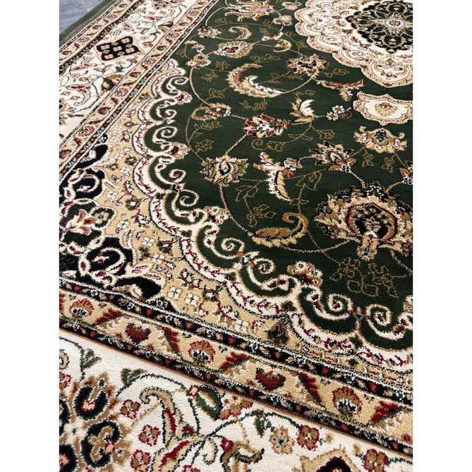 Victoria Traditional Persian Medallion Floral Border Soft Carved Hi-Low Durable Polypropylene Green Rug