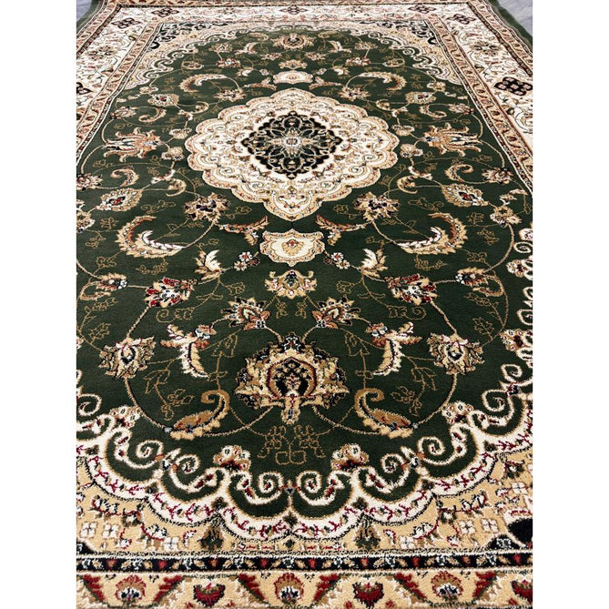 Victoria Traditional Persian Medallion Floral Border Soft Carved Hi-Low Durable Polypropylene Green Rug
