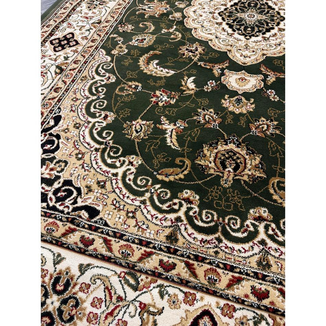 Victoria Traditional Persian Medallion Floral Border Soft Carved Hi-Low Durable Polypropylene Green Rug