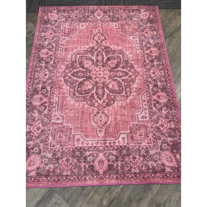 Washable Zahra S0063 Traditional Vintage Distressed Medallion Border Digitally Printed Lightweight Textured Polyester Flatweave Vintage Rose/Wine Burgundy/Plum Brown/Soft Blush Pink/Faded Ivory Rug